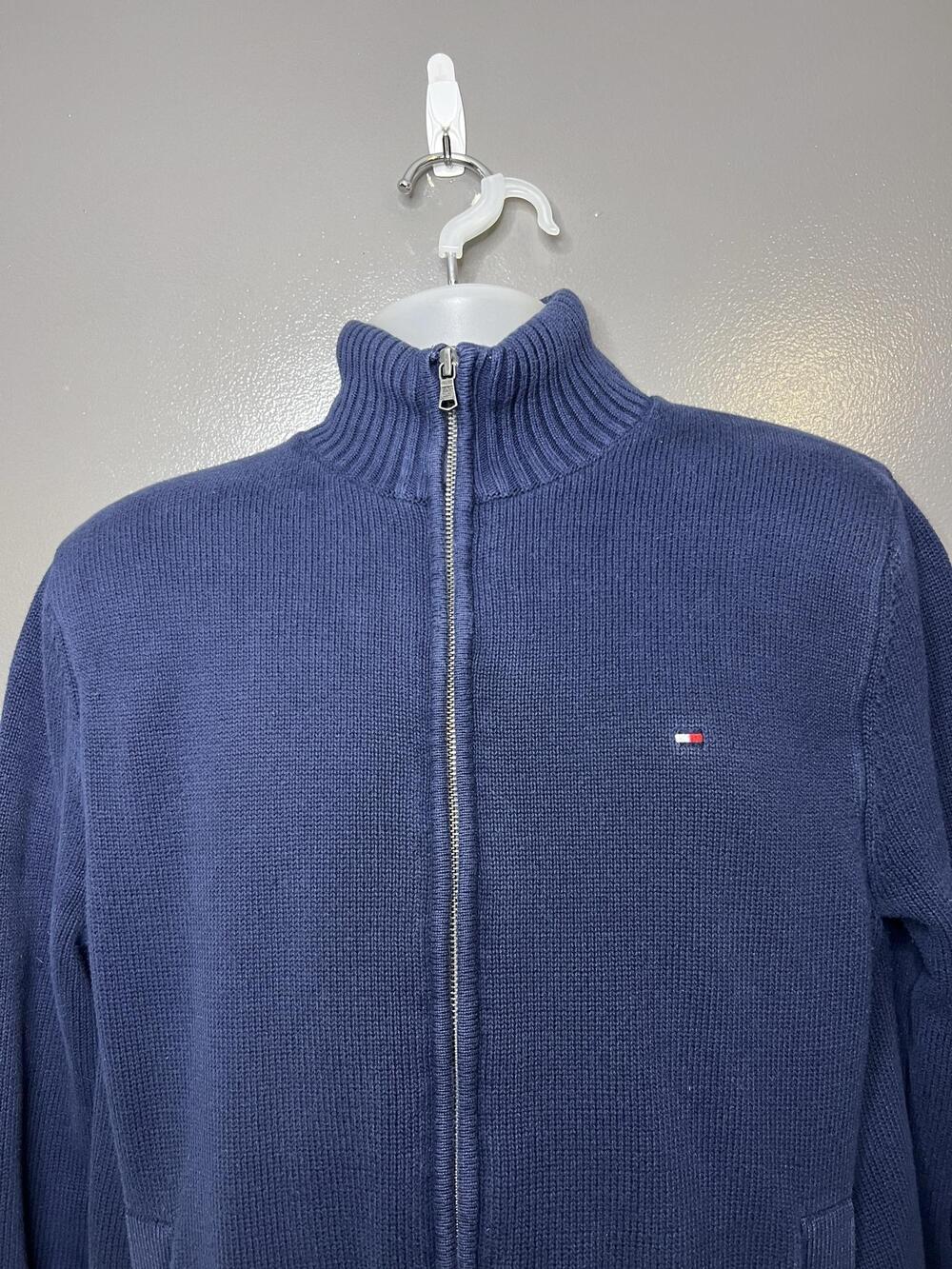 Tommy Hilfiger Sweater Mens Medium Blue Full Zip Sherpa Lined Knit Mock Neck